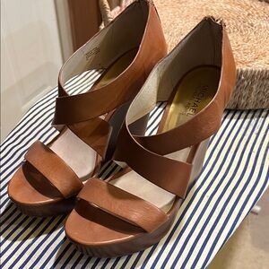 Michael Kors Tan Leather Wedge Sandals